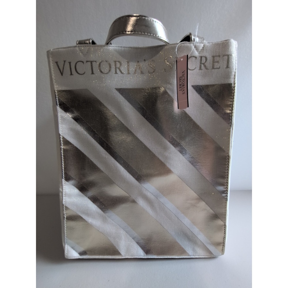 Victoria's Secret Limited Edition Metallic Gold Silver Stripe Canvas Tote Bag‎